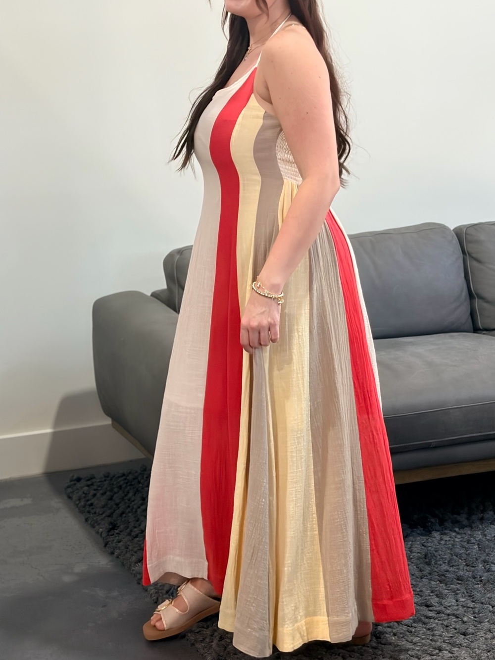 Promesa Red, Cream, Beige & Yellow Striped Halter Maxi Dress